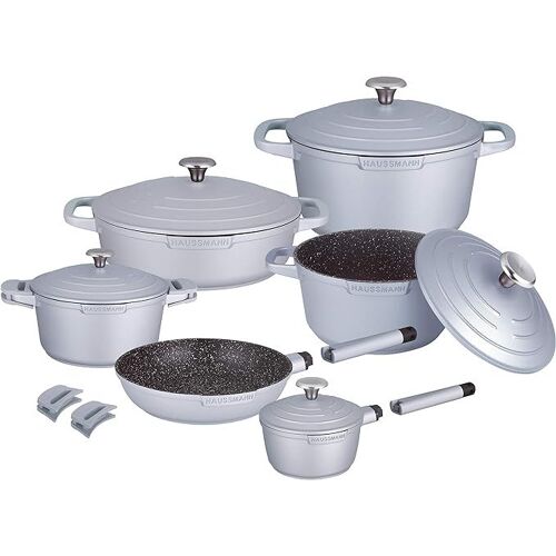 Haussmann Héritage® 15pièces Batterie De Cuisine,Haute Qualités Revêtement Façon Pierre- Sans Pfoa- Poignée Amovible¿Tous Feux Dont Induction Adapté Au Four (Gris)