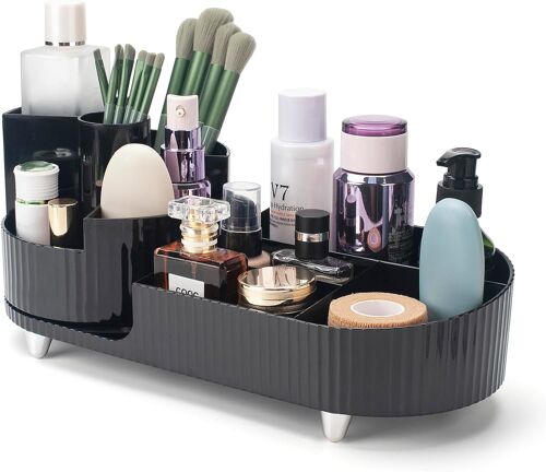 Rangement Maquillage Rotatif et Compartiments 2 en 1,Pot a Pinceaux Maquillage, 360 Degrés Organisateur Maquillage pour Chambre,Noir