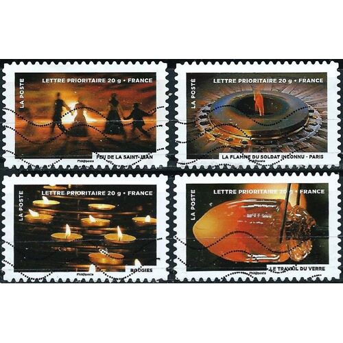 France 2012, Fête Du Timbre, Le Timbre Fête Le Feu, Beaux Timbres Yvert 753 Le Travail Du Verre, 754 La Flamme Du Soldat Inconnu, 756 Les Feux De La Saint Jean Et 759 Bougies, Oblitérés, Tbe.
