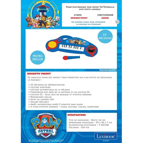 Lexibook Piano Électronique Pour Enfants La Pat Patrouille Avec Effets Lumineux