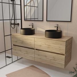 Meuble De Salle De Bains 140 Timber Décor Chêne - 4 Tiroirs - 2 Vasques Rondes Noires Ø36cm