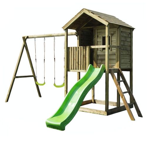 Kangui Aire De Jeux En Bois Avec Cabane Sur Pilotis Wapiti- Balançoires, Toboggan, Cabane Avec Balcon