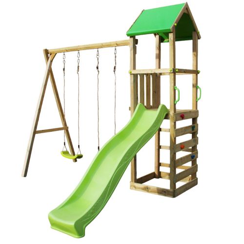 Kangui Portique Bois Enfant Avec Tobogan, Balançoires, Escalade Et Cabane Walli