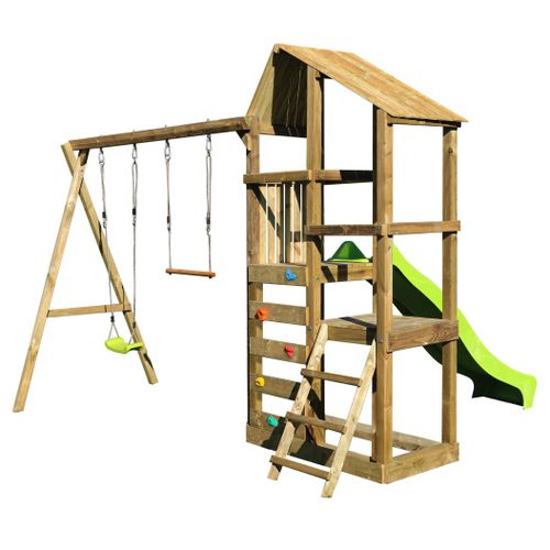 Kangui Tour De Jeux En Bois Woupi Avec Balançoire, Trapère, Mur D'escalade Et Cabane