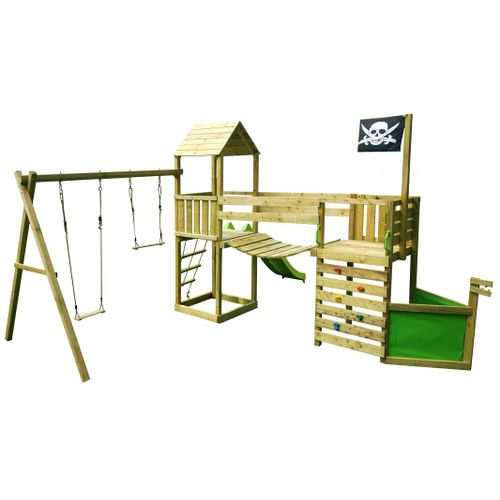 Kangui - Aire De Jeux Pirate En Bois Willi Avec Vigie - Balançoire, Trapèze, Toboggan, Mur D'escalade, Cabane Sur Plateforme, Pont Suspendu