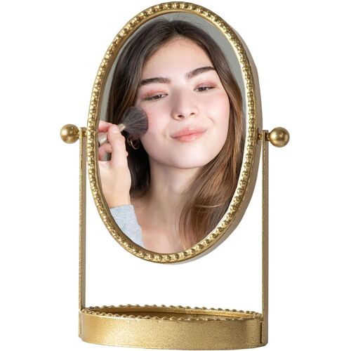 Vintage Table Mirror with Tray, Vanity Mirror with Metal Frame, 360° Decorative Antique Makeup Mirror, Table for Dresser Bedroom Bathroom (Gold, L Oval)