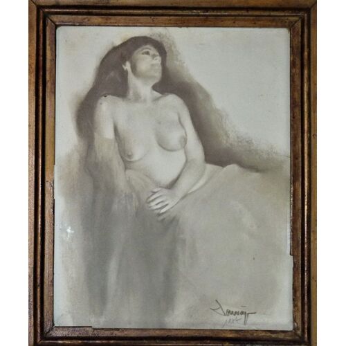 Dessin Ancien Sous Verre Nu Féminin Signé, Daté 1907 - Encadrement Bois D'origine
