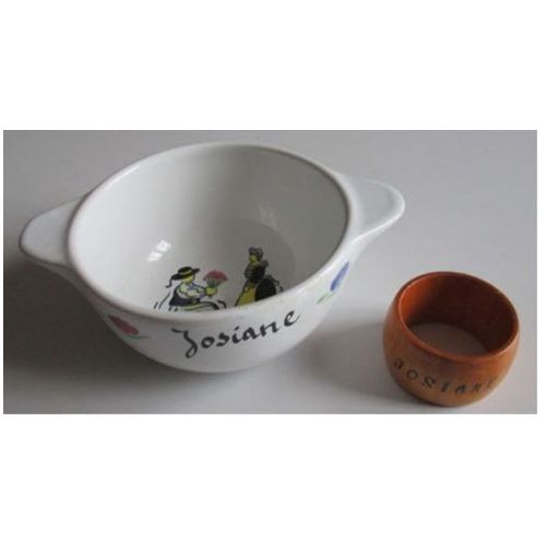 Petit Bol Breton À Anses (Oreilles) Personnalisé Au Prénom Josiane (Création Jp David Pornic) + Rond De Serviette En Bois Verni Prénom Josiane- Jamais Utilisés