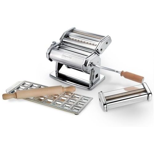 Imperia - Coffret cadeau composé d'iPasta T. 2/6,5 mm Classica, d'un moule à ravioli, d'un coupe-pâtes et d'un rouleau à pâtisserie.
