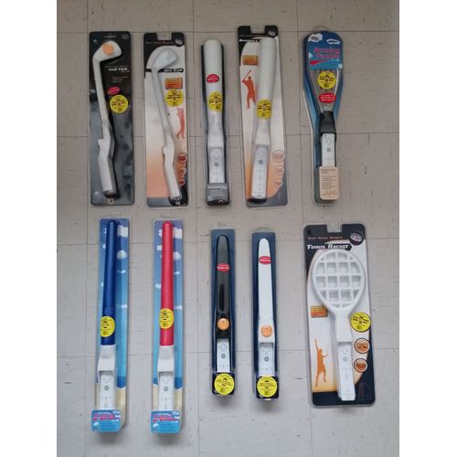 Lot De 10 Accessoires Pour Console De Jeux Nintendo Wii : Golf Club, Batte De Baseball, Rowing Paddle, Sabre Star Wars Jedi, Épées, Raquette De Tennis