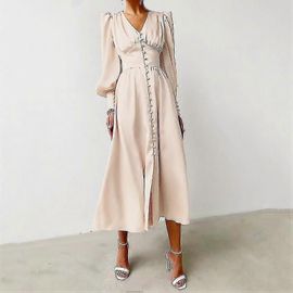 Robe En Satin Femme Design Sens Lanterne Manches Taille Mince Europe Et Les Etats-Unis Tempérament Slim Robe Longue-Beige-Adulte-Xs-Femme