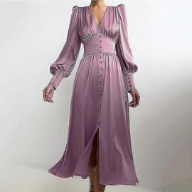 Robe En Satin Femme Design Sens Lanterne Manches Taille Mince Europe Et Les Etats-Unis Tempérament Slim Robe Longue-Violet-Adulte-S-Femelle