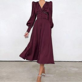 Robe En Satin Femme Design Sens Lanterne Manches Taille Mince Europe Et Les Etats-Unis Tempérament Slim Robe Longue-Rouge-Adulte-M-Femelle