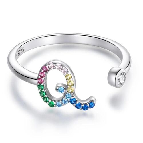 Bague Ouverte En Argent Sterling S925-Zircon Coloré 26 Lettres Anglaises-