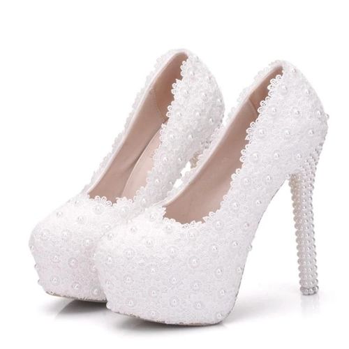 Chaussures De Mariage En Dentelle Perle-Talons Aiguilles Pour Femmes,Blanc 39 Blanc,39
