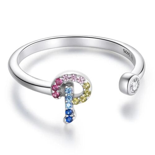 S925 Bague Ouverte En Zircon Coloré En Argent Sterling-Lettre P Par