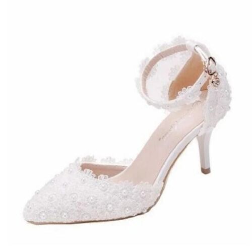 Chaussures Princesse Perle En Dentelle Pointue Pour Femme-Blanc,7,5 Cm Talon Blanc 7,5 Cm,35