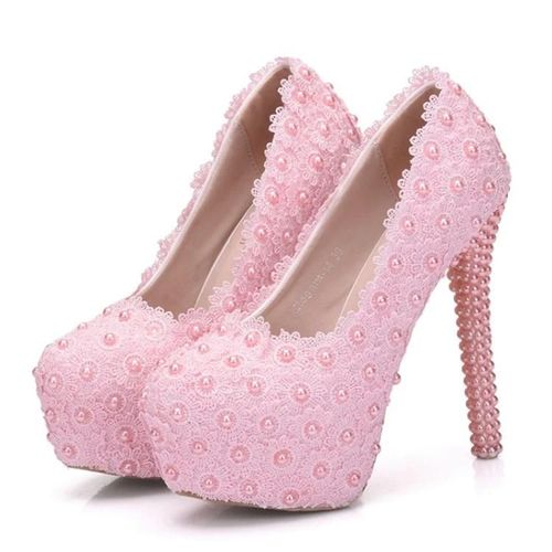 Chaussures De Mariage En Dentelle Perle-Talons Aiguilles Roses Pour Femmes Par Pink,41