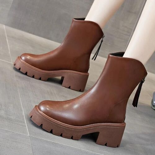 Bottes Courtes En Cuir Pour Femmes-Mi-Mollet,Fond Épais,Marron,Taille 37 Marron,37