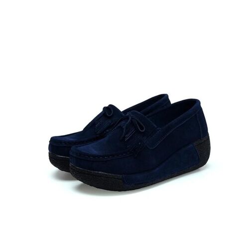 Chaussures Décontractées Compensées Pour Femmes-Daim Bleu Avec Pompon,Bleu,37
