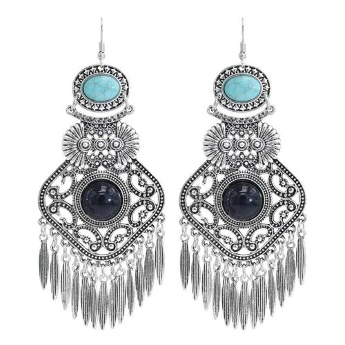 Boucles D'oreilles Pompon Turquoise Vintage-Bijoux Noirs Exagérés Par Black,Earrings(Black)