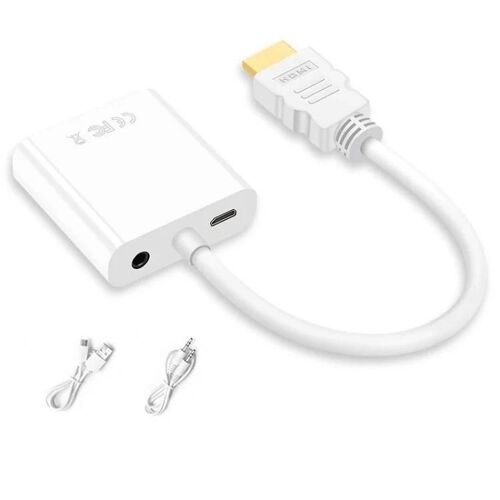 Convertisseur HDMI vers VGA 1080P avec audio-2 pièces,noyau en cuivre sans oxygène,(blanc)