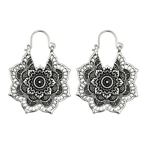 Boucles D'oreilles Fleur Vintage En Métal Bohème-Design Sculpté Ajouré,Argent Argent