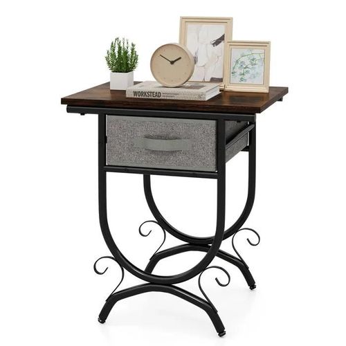 Table De Chevet 48 X 35 X 53 Cm À 2 Niveaux - Costway - Tiroir En Tissu - Plateau En Bois - Cadre En Métal Industrielle