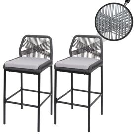 Lot De 2 Tabourets De Bar Rope Hwc-O21, Outdoor Assise Rembourrée Corde Tressée Métal   Anthracite, Coussin Gris Clair