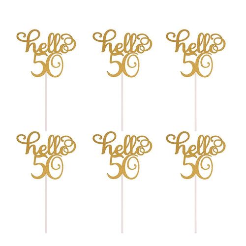 Hello 50 Cake Picks - Décorations De Gâteaux Dorées Pour 50e Anniversaire - Lot De 6 - Décorations Durables Et Élégantes