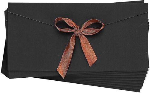 Lot De 10 Enveloppes En Papier Kraft Noir Avec Rubans Pour Cartes-Cadeaux, Invitations Et Petits Objets