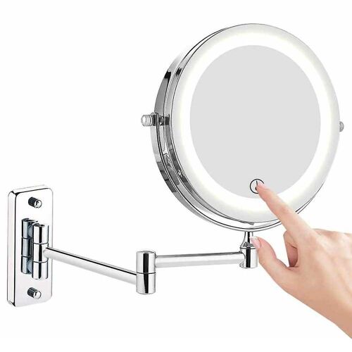 Miroir Mural Éclairé Par Led 7"" Double Face Grossissement 10x Laiton Acier Inoxydable Argent 