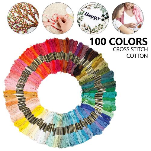 Fil de coton écologique 100 couleurs pour point de croix et broderie - 8 mètres, 100 fils, adapté aux débutants