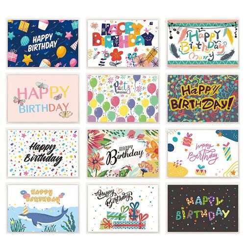 Lot De Cartes D'anniversaire Multicolores - 24 Cartes Pliées Avec Enveloppes, Vierges À L'intérieur, 15 X 10 Cm Et 16 X 11 Cm, Unisexe