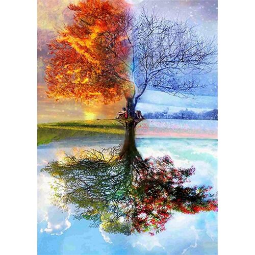 Kit De Peinture Diamant 5d Diy ¿ Motif Arbre Des Quatre Saisons, Perceuse Ronde Complète, Toile Écologique, Artisanat Anti-Stress