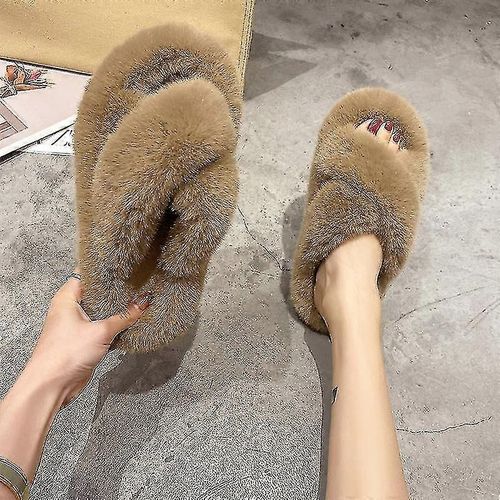 Breey Pantoufles Moelleuses Femmes 2023 Automne Et Hiver Style Coréen Lazybones Extérieur Plate-Forme Croisée Pantoufles À Bout Ouvert Zj-Adulte-Kaki-Femelle