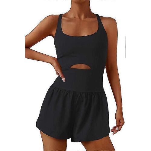 Femmes Col Rond Débardeur Avant Jumpsuit Strappy Short Yoga Romper-Noir-Adulte-L-Femelle