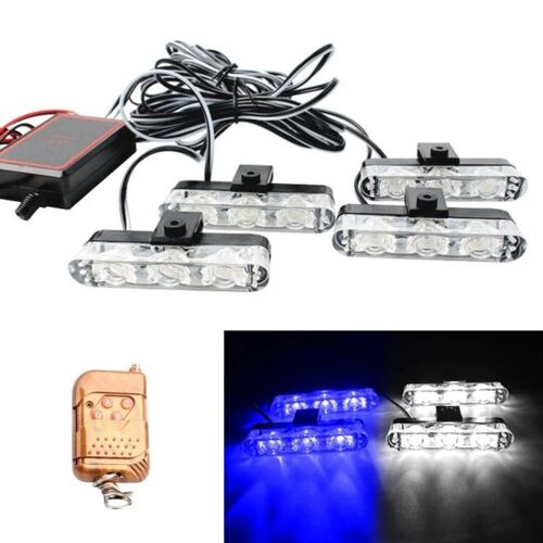 12led Grille De Voiture Flash Feux D'avertissement-4 En 1 Avec Télécommande,Bleu/Blanc