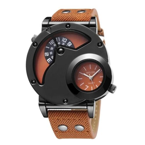Montre-Bracelet Homme À Double Mouvement À Grand Cadran-Bracelet En Toile,Orange-Miler Orange
