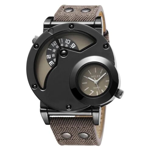 Montre-Bracelet Homme À Double Mouvement À Grand Cadran-Bracelet En Toile,Gris-Miler Grey