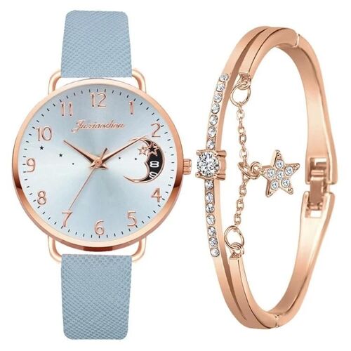 Montre À Quartz Pour Dames-Cadran Motif Lune,Bracelet En Pu,Couleur Tianlan