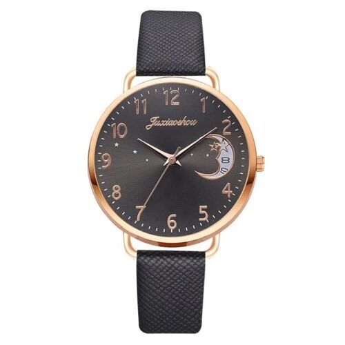 Dames Motif Lune Cadran Pu Bracelet Montre À Quartz,Couleur : Noir Noir