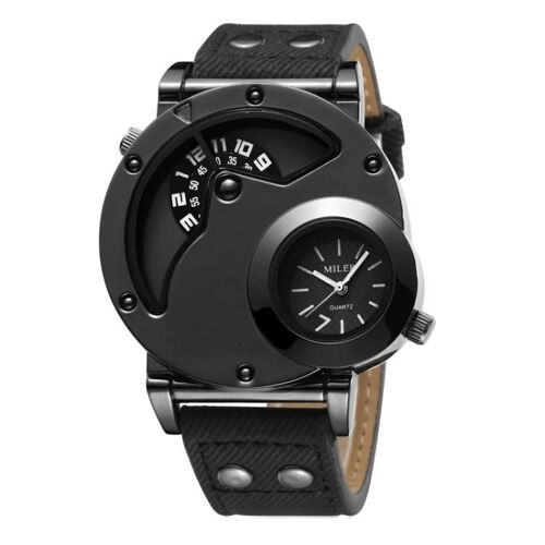 Montre-Bracelet Homme À Double Mouvement À Grand Cadran-Bracelet En Toile,Noir-Miler Black