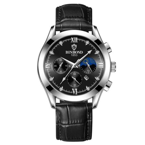 Binbond B3591 30m Calendrier Lumineux Étanche Montre Homme,Couleur : Noir Cuir-Blanc-Noir Noir Cuir-Blanc-Noir