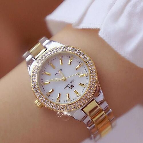 Montre Diamant Boîtier Rond Pour Femme-Bs Bee Sister,Bracelet Alliage D'or Interval