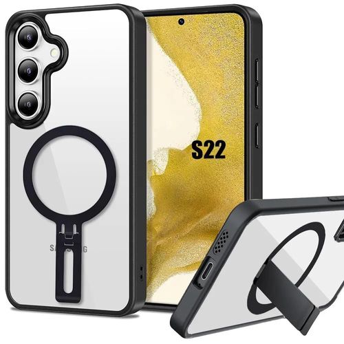 Coque Pour Samsung Galaxy S22, Protection Anti-Rayures Dos Rigide Transparent Cadre Noir Avec Support Magnétique - E.F.Connection
