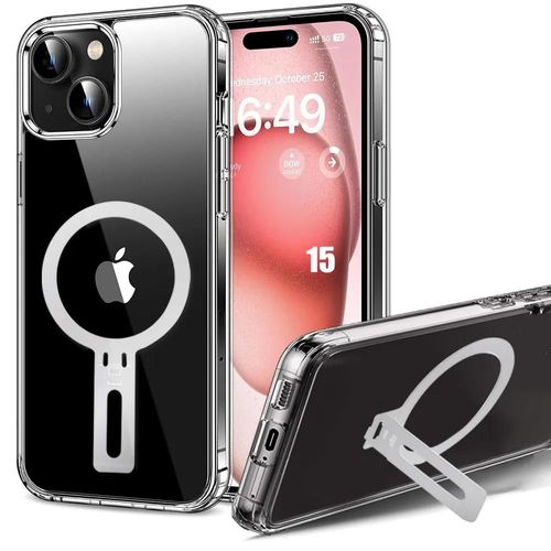 Coque Pour Iphone 15 - Protection Silicone Transparente Antichoc Avec Support Magnétique Pliable Argenté - E.F.Connection