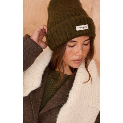 Bonnet Kaki Duveteux En Maille Tricot Côtelée Épaisse, Kaki