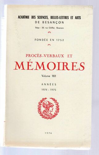 Académie De Besancon Proces Verbaux Et Memoires 1974 1975 Vol 181 Sciences