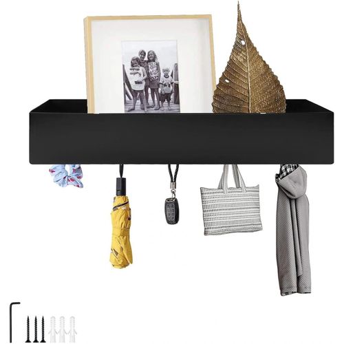 CAUC-Porte Manteaux Mural avec Accessoires, Porte Manteau Mural Salle de Bain Couloir avec 5 Crochets, Portes Manteau Murales Noir avec Étagère pour Chambre, Couloir et Salon